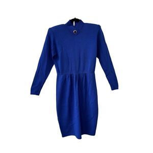 Vintage St. John by Marie Gray Santana Knit Mock Neck Long Sleeve Dress Blue Wom